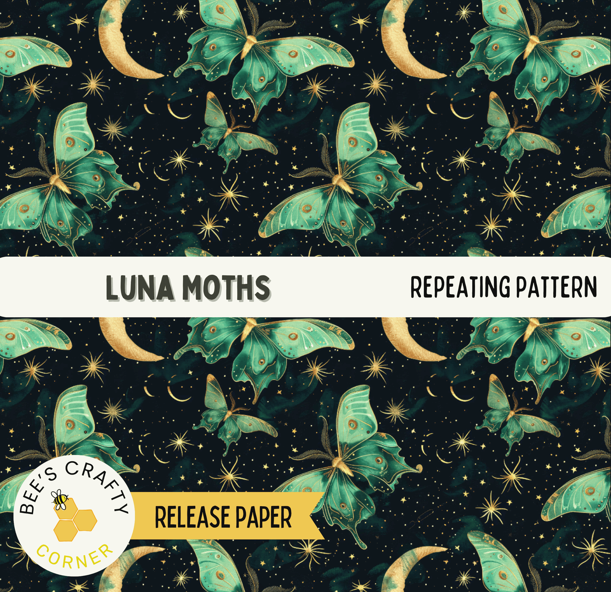 The image is a repeating pattern of green and gold butterflies against a dark night sky background, with the text "Luna Moths" and "REPEATING PATTERN" visible.