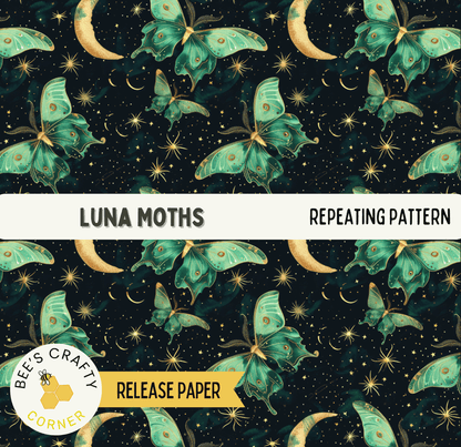 The image is a repeating pattern of green and gold butterflies against a dark night sky background, with the text "Luna Moths" and "REPEATING PATTERN" visible.