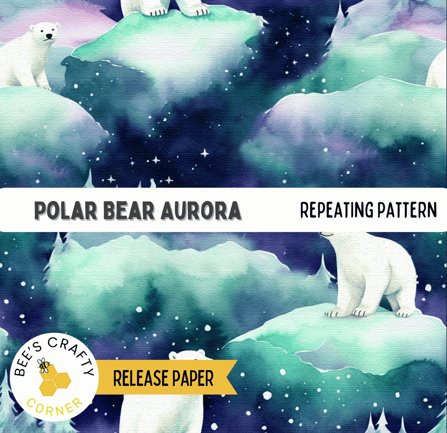 The image is a watercolor painting depicting a polar bear in a snowy, starry landscape with a repeating pattern of the polar bear and the night sky.
