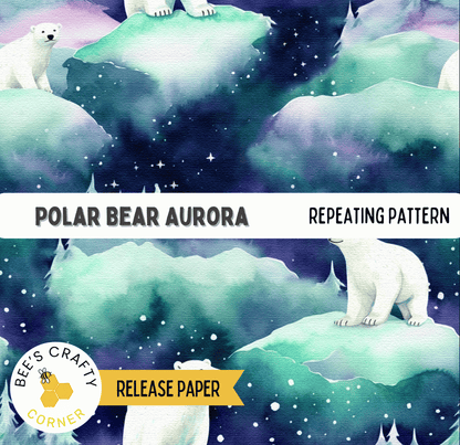The image is a watercolor painting depicting a polar bear in a snowy, starry landscape with a repeating pattern of the polar bear and the night sky.