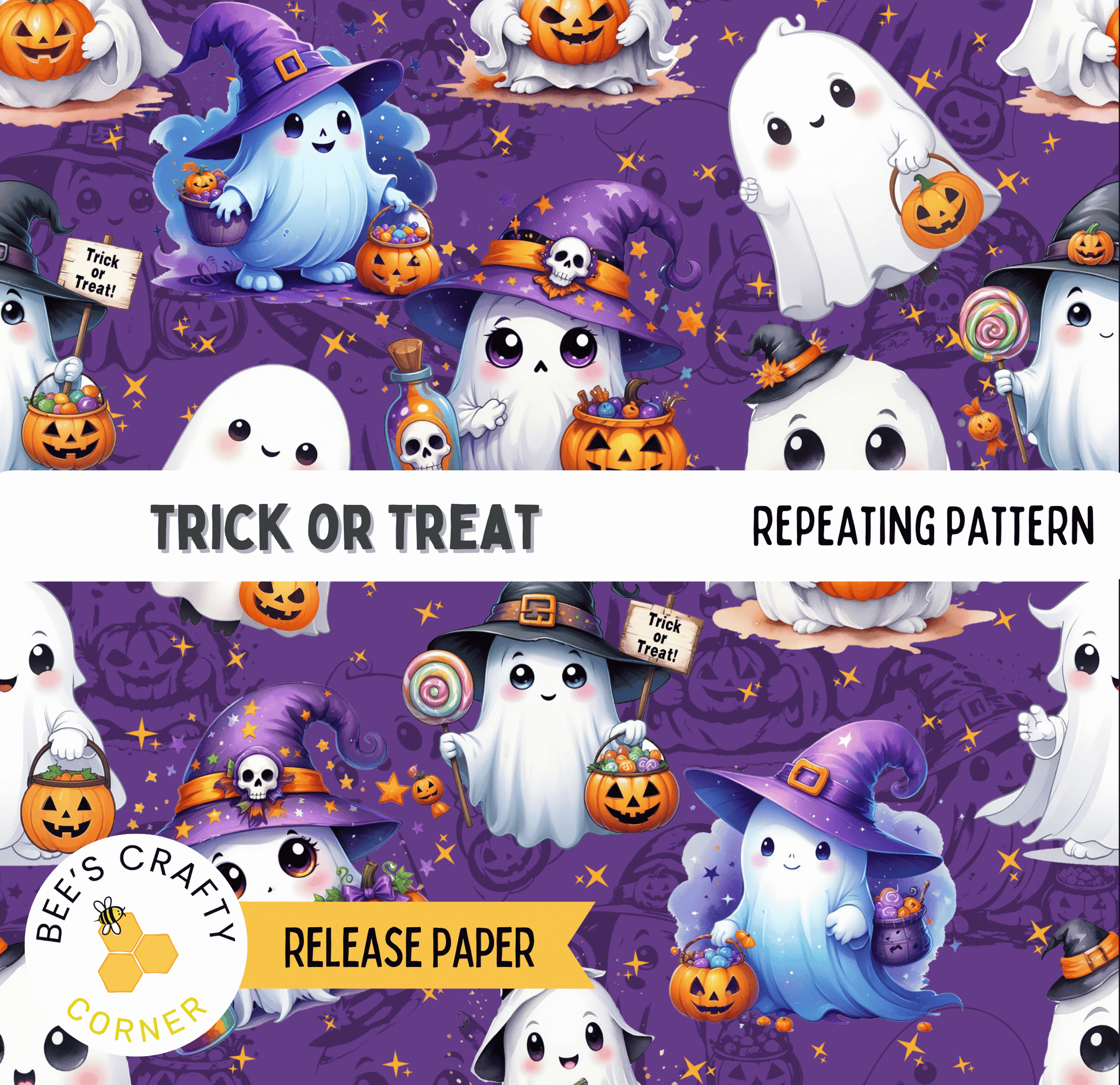 The image is a repeating pattern of various Halloween-themed ghost characters, including a witch, a pumpkin, and a skeleton, against a purple background with orange and yellow stars.