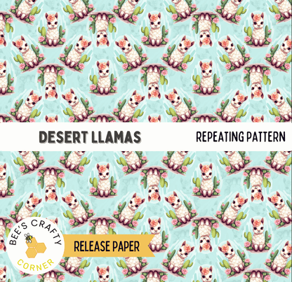 The image is a repeating pattern of desert llamas on a light blue background.