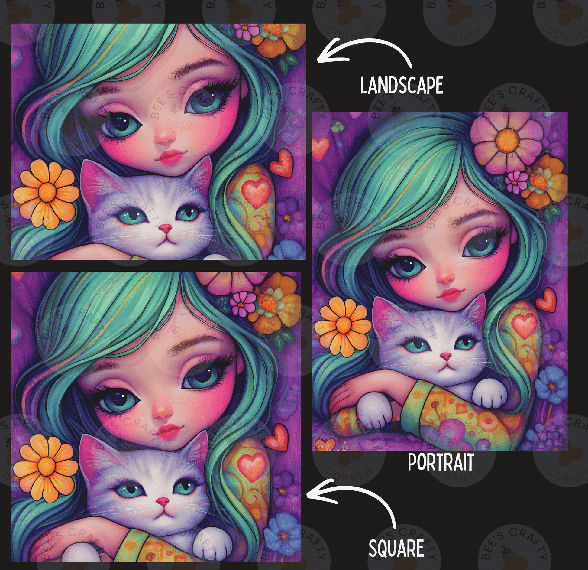 The image is a collage of three pictures depicting a young girl with long, green hair holding a cat. The girl is surrounded by colorful flowers and hearts, creating a whimsical and artistic scene. The collage is labeled as a landscape and a portrait, indicating the different artistic styles used in the images.