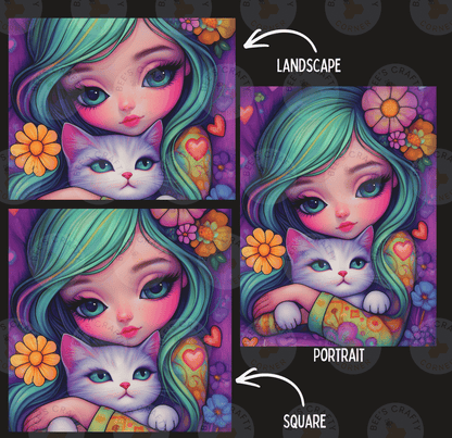 The image is a collage of three pictures depicting a young girl with long, green hair holding a cat. The girl is surrounded by colorful flowers and hearts, creating a whimsical and artistic scene. The collage is labeled as a landscape and a portrait, indicating the different artistic styles used in the images.