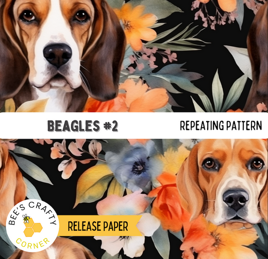 The image is a collage of two images featuring two beagle dogs against a floral background. The collage includes a close-up of the dogs' faces and a background with colorful flowers.