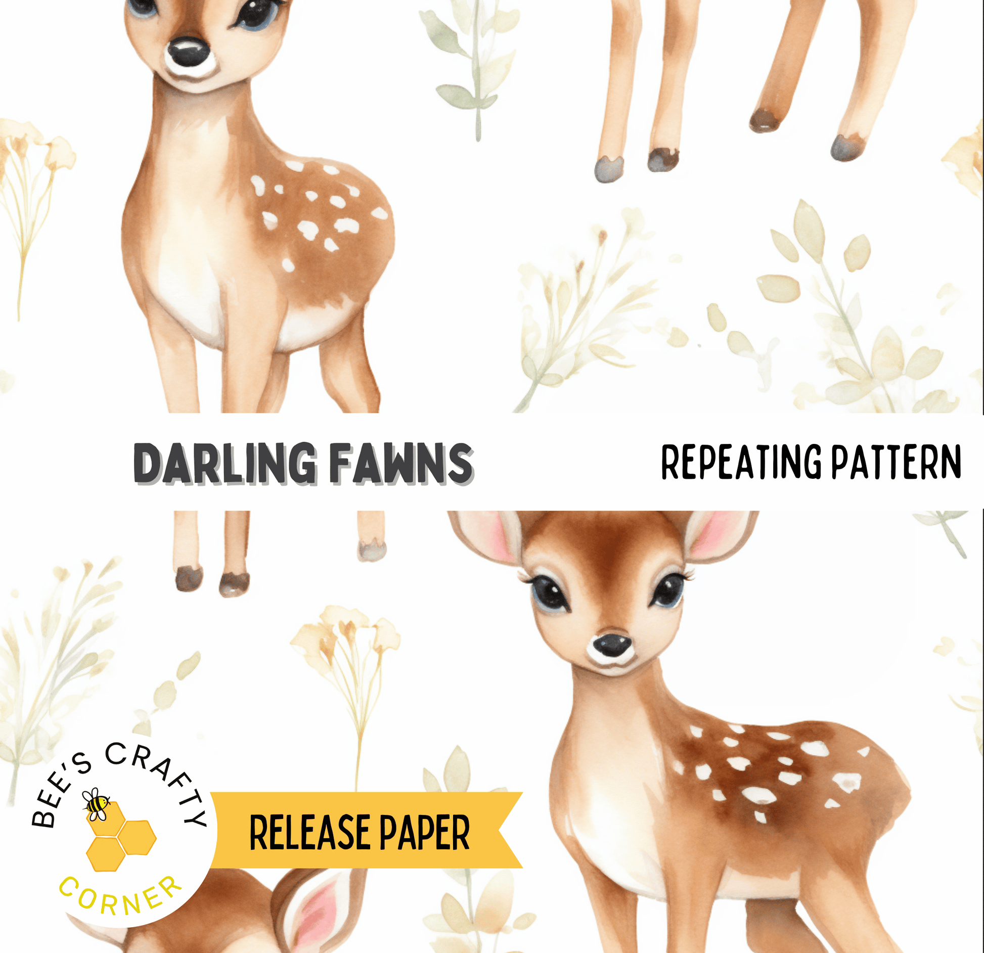 The image is a collage of various images featuring a deer, including one of a deer standing in the foreground and another deer in the background. The collage also includes a repeating pattern of leaves and flowers.