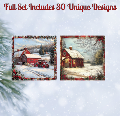The image is a collage of two pictures depicting a snowy landscape with a red barn and a tractor. The collage includes a full set of unique designs, showcasing the beauty of the winter scene.