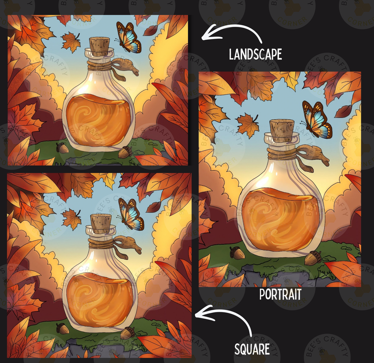 The image is a collage of three pictures, each depicting a bottle of liquid surrounded by autumn leaves and butterflies. The first picture is a landscape, the second is a portrait, and the third is a square.