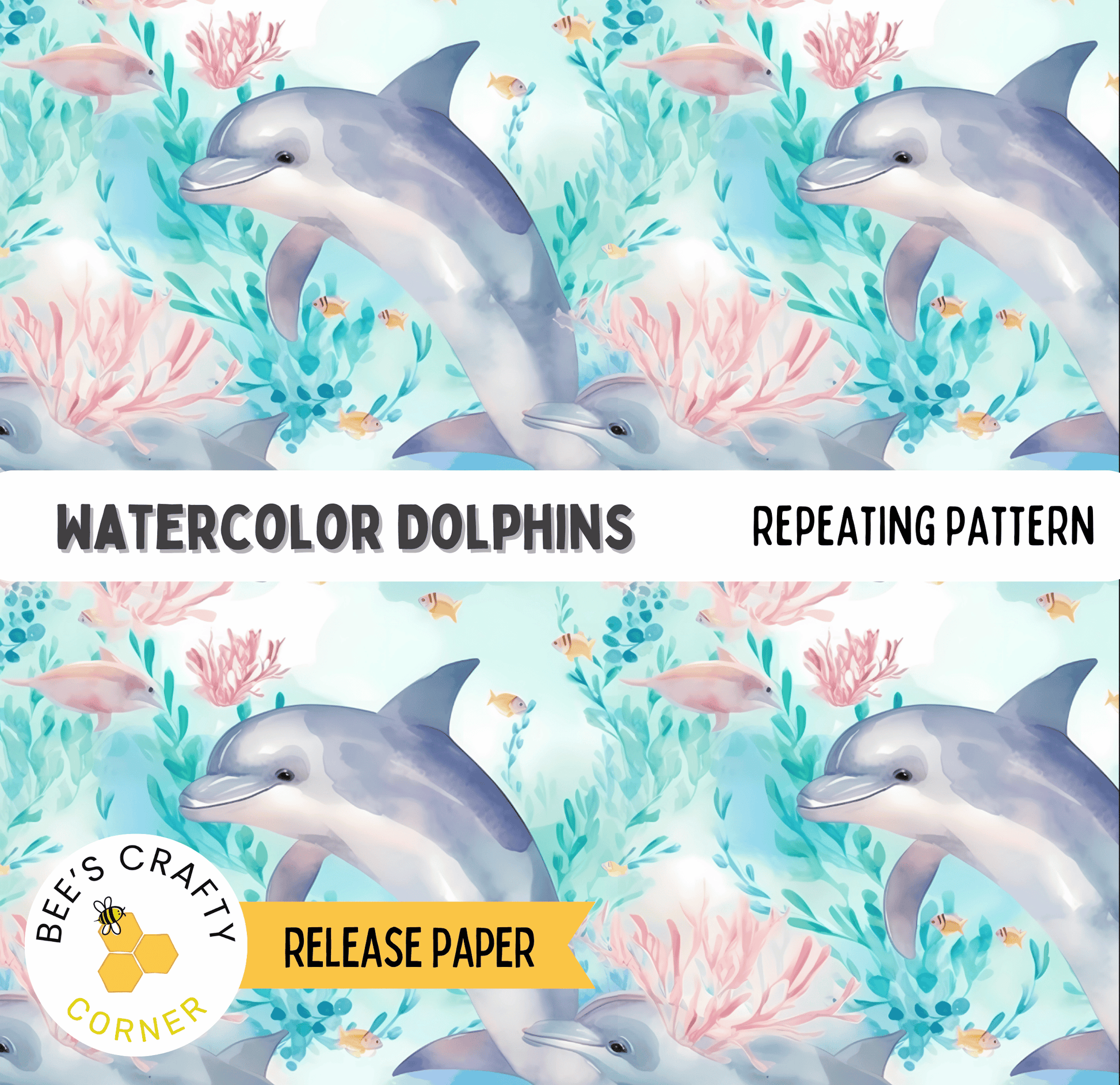 The image is a repeating pattern of watercolor illustrations of dolphins swimming in a colorful underwater scene.