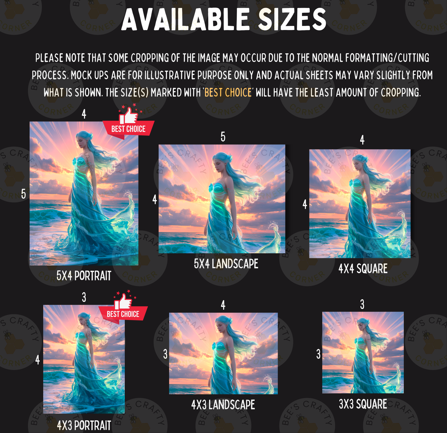 The image is a collage of six different sizes of paintings, each depicting a woman in a flowing dress against a sunset backdrop. The sizes range from 5x4 to 5x3, and the paintings vary in their composition and style. The sizes are marked with "BEST CHOICE" labels, indicating the preferred size for each painting. The collage is designed to showcase the different options available for customers to choose from when purchasing a painting.