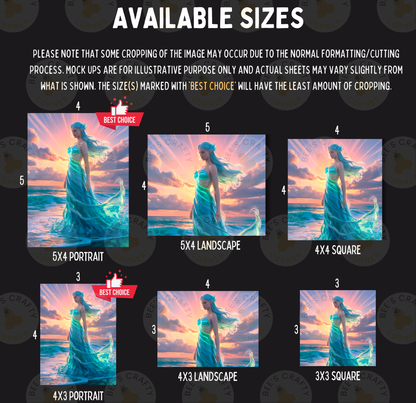 The image is a collage of six different sizes of paintings, each depicting a woman in a flowing dress against a sunset backdrop. The sizes range from 5x4 to 5x3, and the paintings vary in their composition and style. The sizes are marked with "BEST CHOICE" labels, indicating the preferred size for each painting. The collage is designed to showcase the different options available for customers to choose from when purchasing a painting.