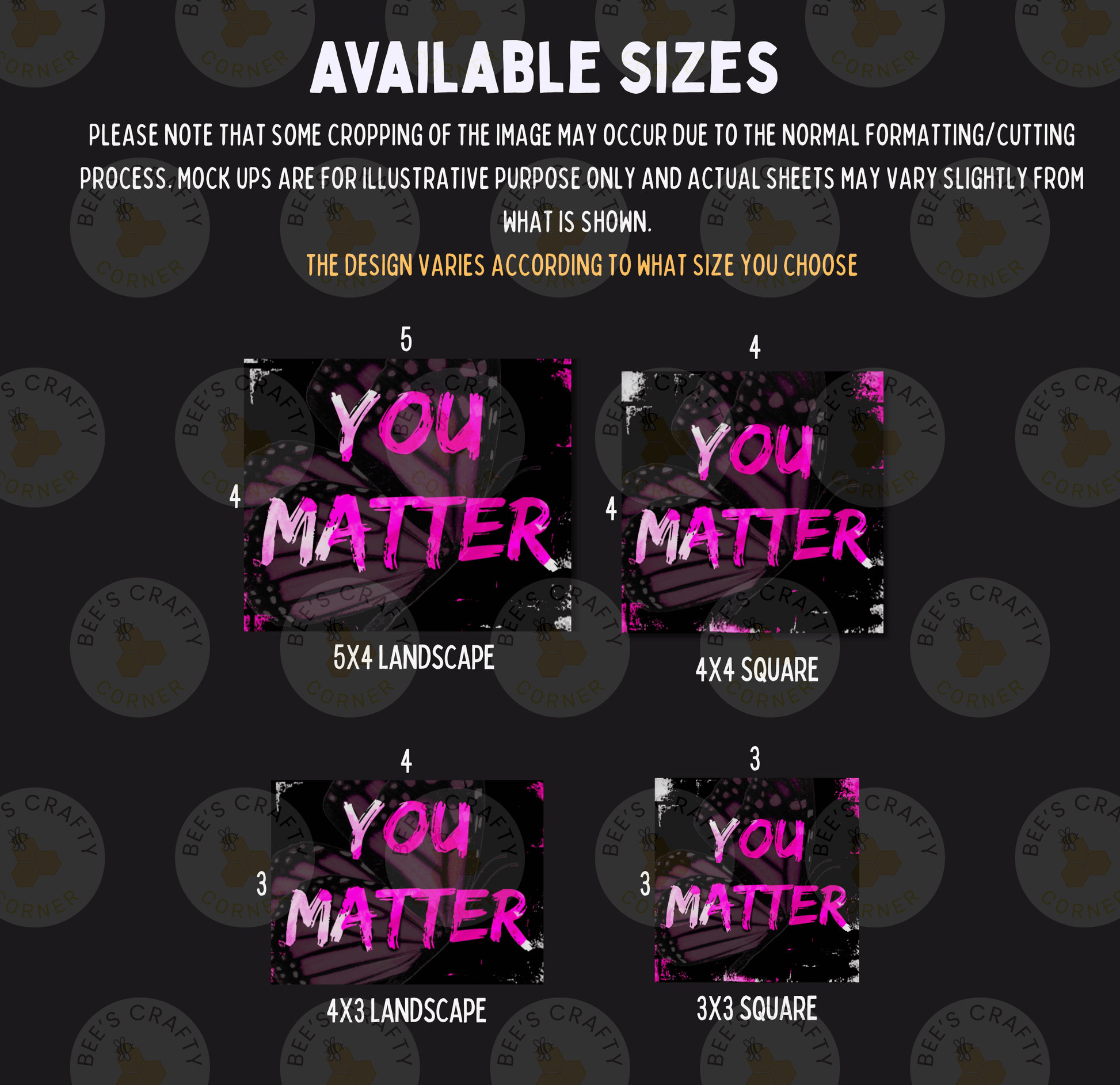 four different sizes of the phrase "You Matter" in pink and black text, with varying background designs.