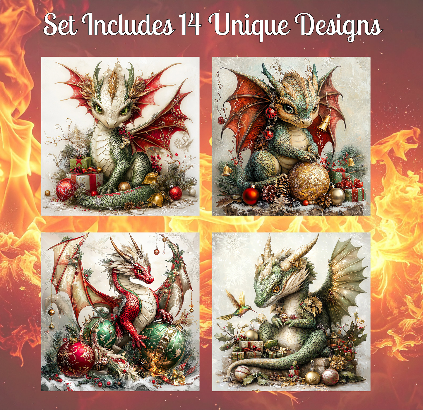 four distinct illustrations of dragons, each with unique designs and decorations. The dragons are surrounded by various holiday-themed elements, such as Christmas ornaments, presents, and other festive decorations. The illustrations showcase the creativity and artistry of the artist in capturing the essence of these fantastical creatures in a holiday setting.