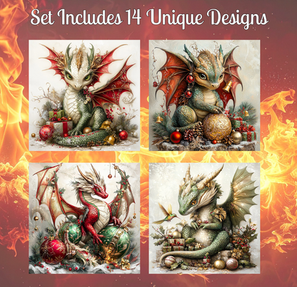 four distinct illustrations of dragons, each with unique designs and decorations. The dragons are surrounded by various holiday-themed elements, such as Christmas ornaments, presents, and other festive decorations. The illustrations showcase the creativity and artistry of the artist in capturing the essence of these fantastical creatures in a holiday setting.