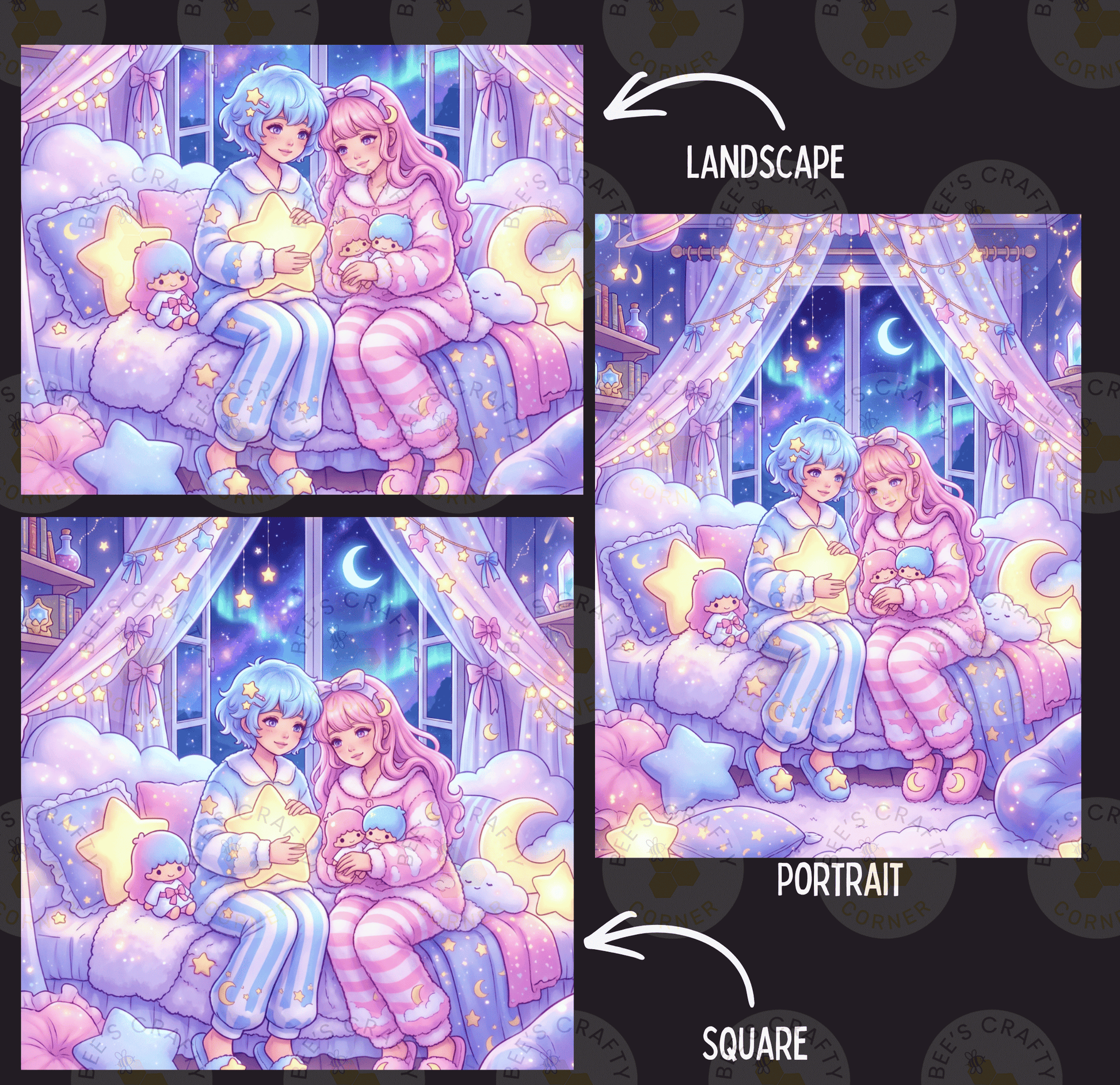 The image is a collage of three pictures depicting a couple sitting together on a bed under a starry night sky. The couple is holding a star and a crescent moon, and the background features a starry night sky with a crescent moon. The collage is labeled as a landscape and a portrait, and the square version of the image is labeled as a portrait.
