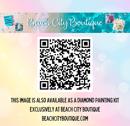 The image is available as a diamond painting kit exclusively at Beach City Boutique.