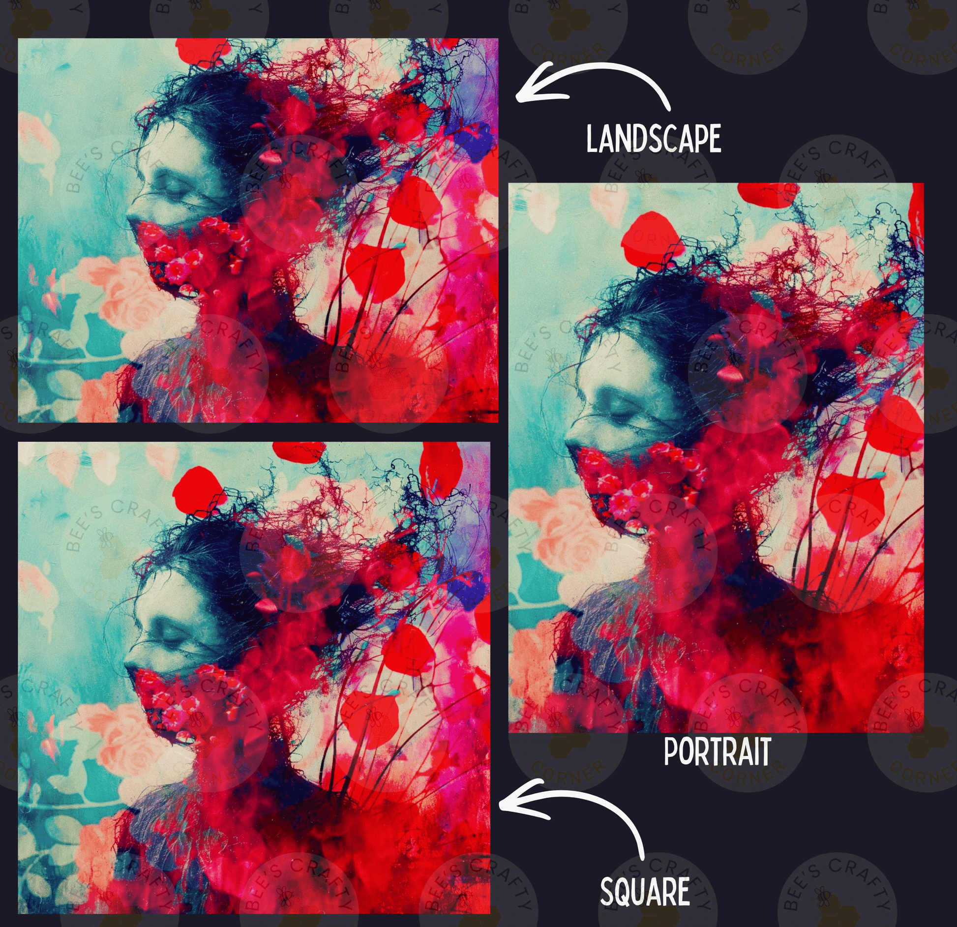 The image is a collage of three images, each depicting a woman's face with a landscape background. The first image shows a close-up of the woman's face, the second image has a landscape background, and the third image features a portrait of the woman.