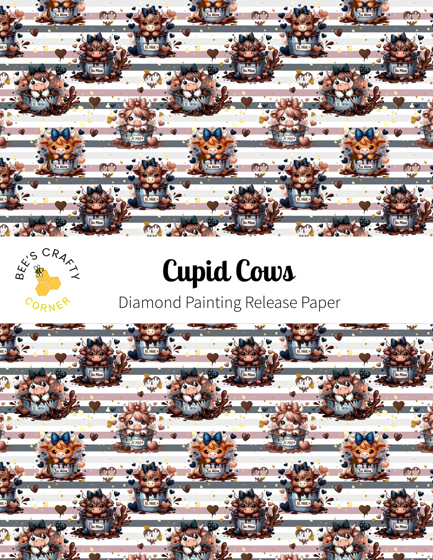 The image is a repeating pattern of various cartoon cow illustrations, each with a bow around its neck, arranged in a diagonal line across a white background.