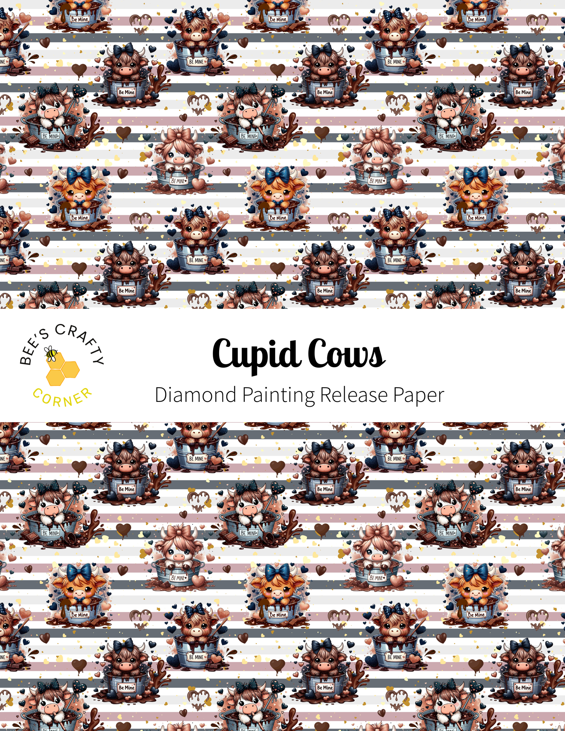 The image is a repeating pattern of various cartoon cow illustrations, each with a bow around its neck, arranged in a diagonal line across a white background.