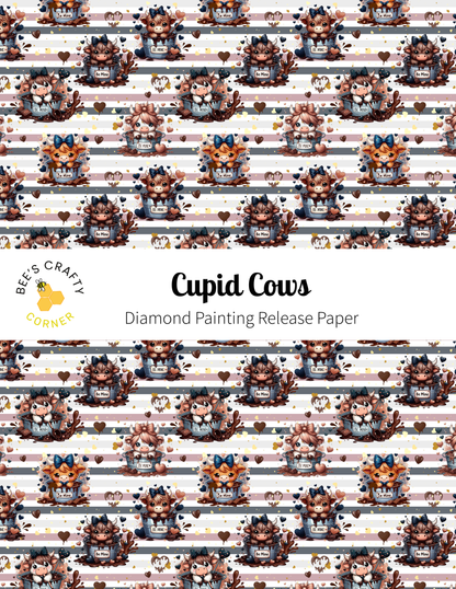The image is a repeating pattern of various cartoon cow illustrations, each with a bow around its neck, arranged in a diagonal line across a white background.