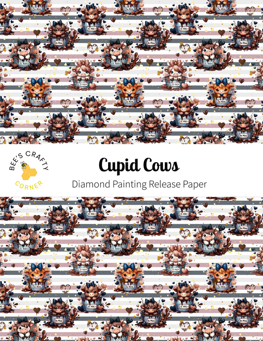 The image is a repeating pattern of various cartoon cow illustrations, each with a bow around its neck, arranged in a diagonal line across a white background.