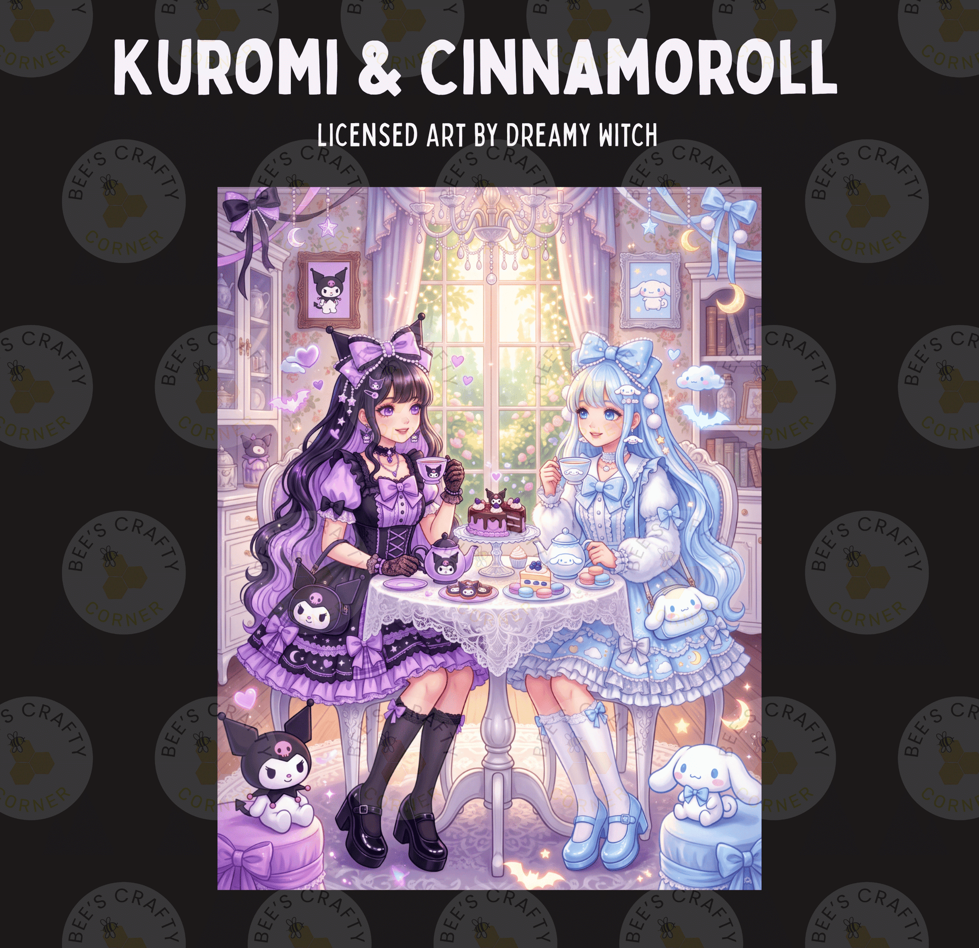 The image is a collage featuring two anime-style characters, Kuromi and Cinnamon Roll, sitting at a table and enjoying tea together. The characters are wearing dresses and have distinct hairstyles. The background includes various elements such as a window, books, and other decorative items, creating a cozy and whimsical atmosphere.