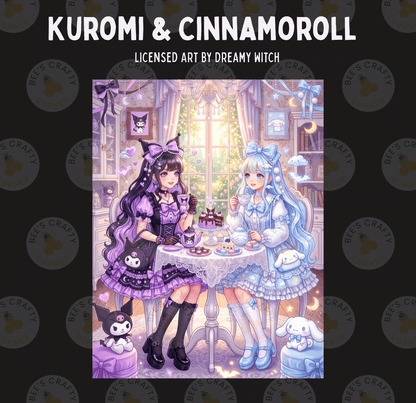 The image is a collage featuring two anime-style characters, Kuromi and Cinnamon Roll, sitting at a table and enjoying tea together. The characters are wearing dresses and have distinct hairstyles. The background includes various elements such as a window, books, and other decorative items, creating a cozy and whimsical atmosphere.