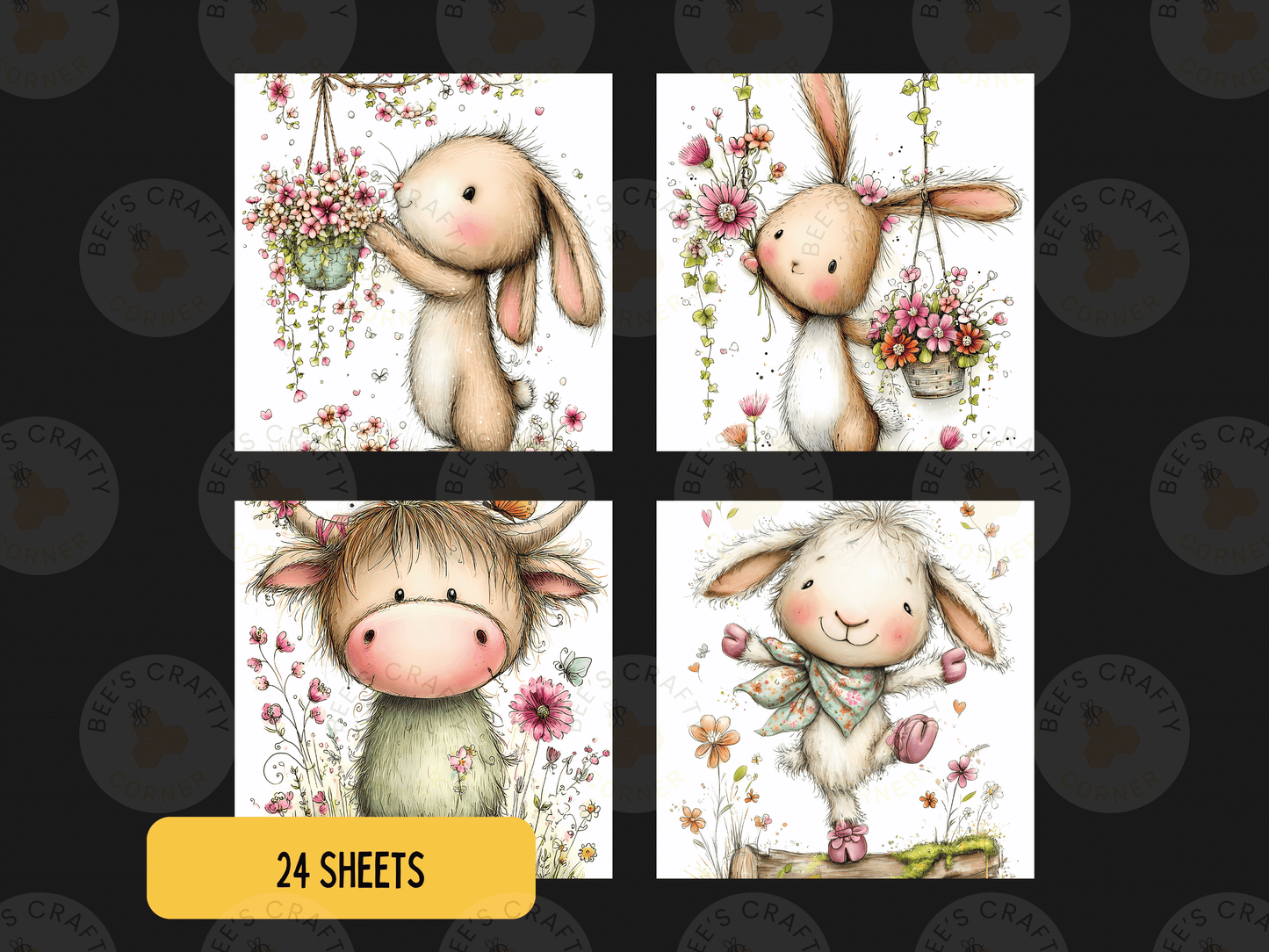 four charming illustrations of animals, including a bunny, a cow, a sheep, and a lamb, each holding flowers and surrounded by flowers.