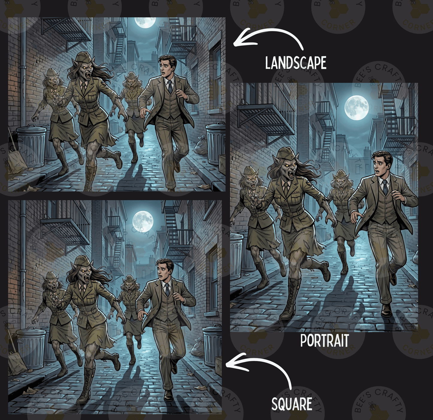 The image is a collage of three images depicting a group of people in suits running down a dark alley at night. The images are labeled as "Landscape" and "Portrait" to differentiate between the two types of scenes.