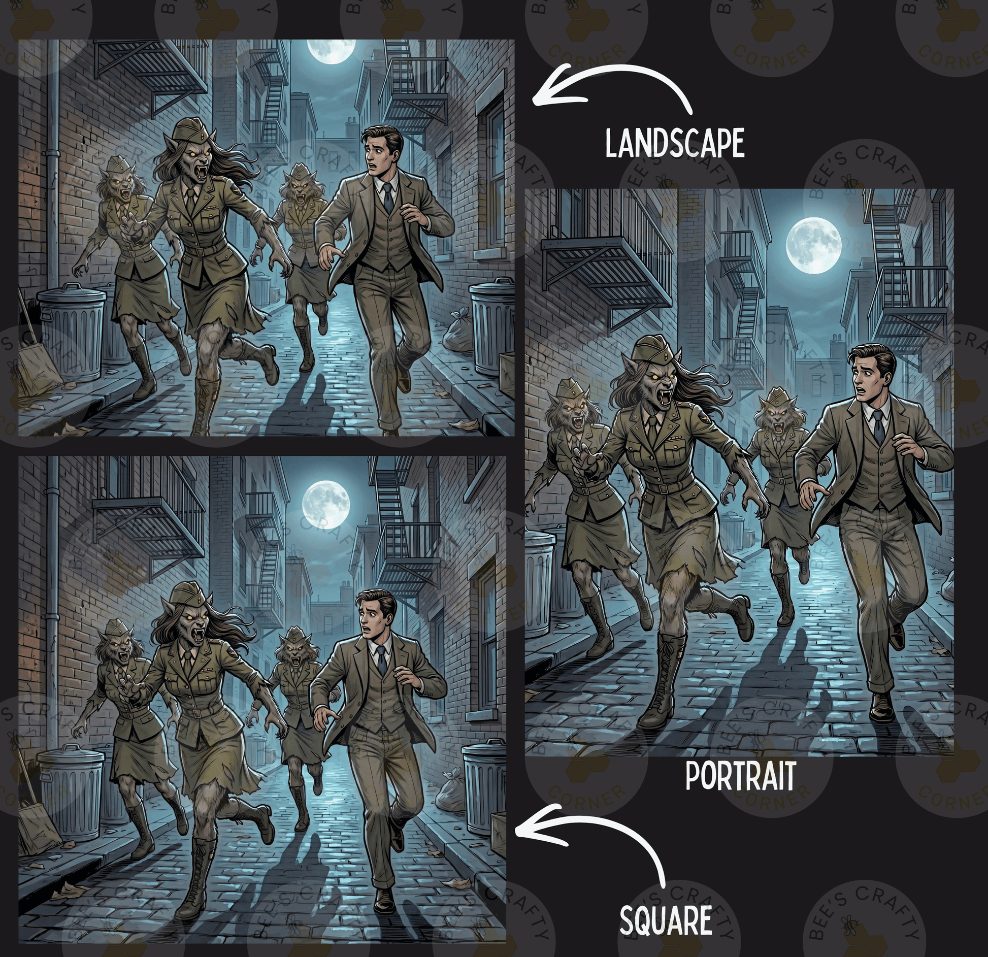 The image is a collage of three images depicting a group of people in suits running down a dark alley at night. The images are labeled as "Landscape" and "Portrait" to differentiate between the two types of scenes.