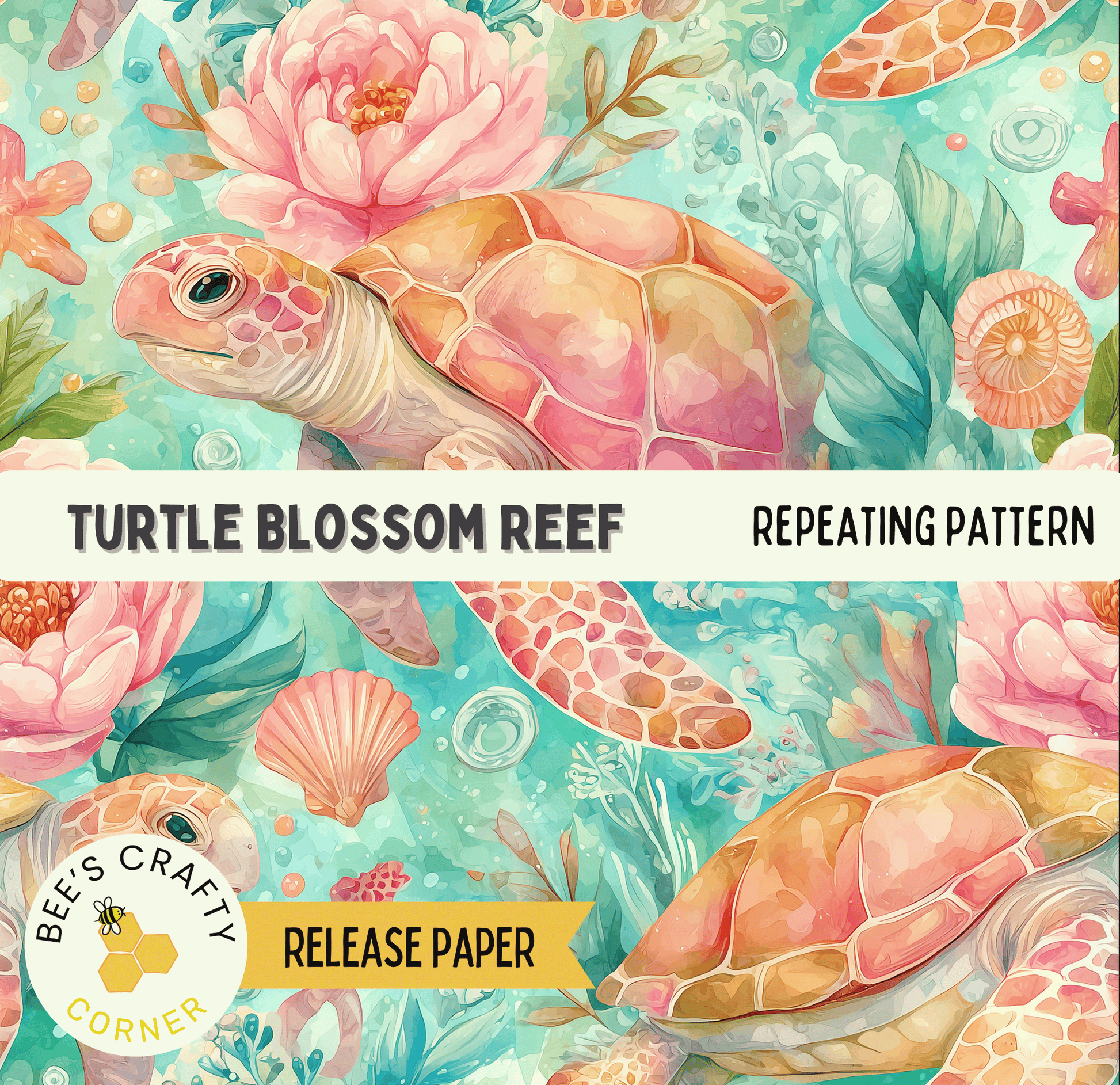 The image is a vibrant and colorful illustration of a turtle surrounded by various marine life, including flowers, shells, and bubbles, all set against a backdrop of blue and green hues.