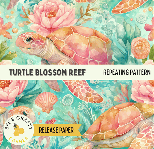 The image is a vibrant and colorful illustration of a turtle surrounded by various marine life, including flowers, shells, and bubbles, all set against a backdrop of blue and green hues.