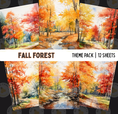 The image is a collage of 12 watercolor paintings depicting a fall forest scene with vibrant orange and yellow foliage.