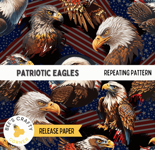 The image is a repeating pattern of patriotic eagle illustrations against a background of the American flag.
