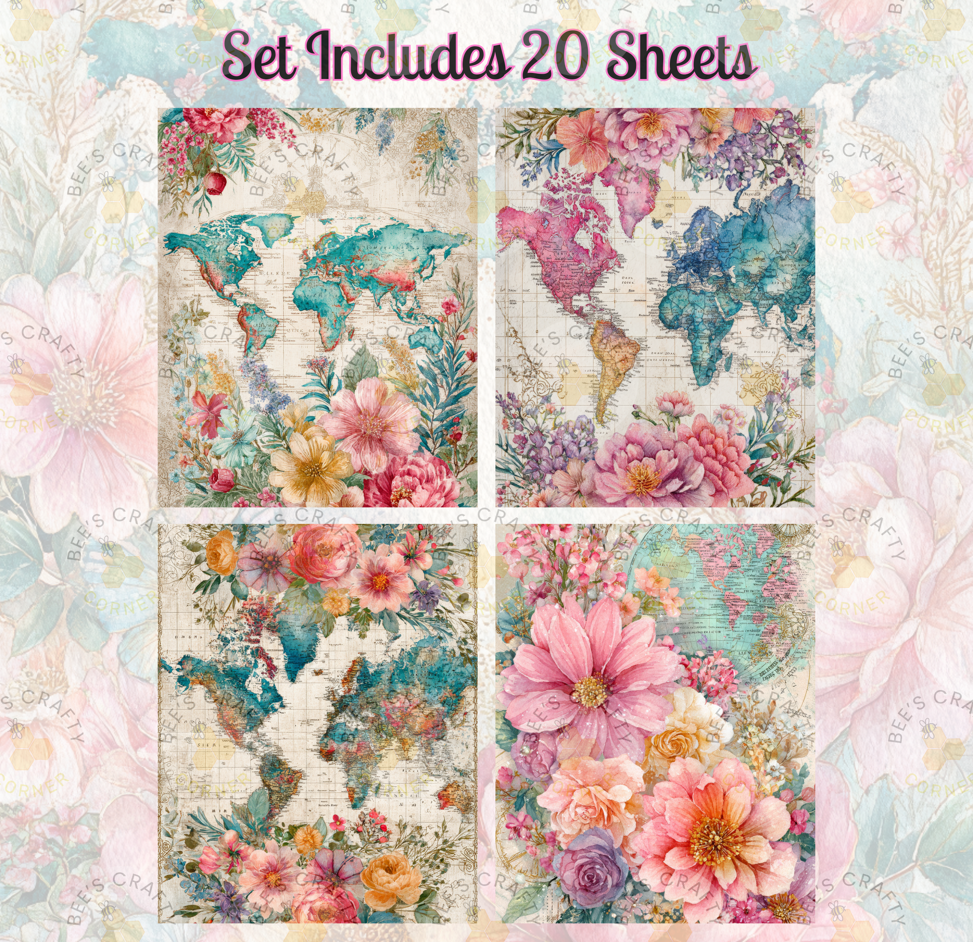 a set of four colorful and vibrant floral world maps, each with a unique design and pattern. The maps are arranged in a grid format, with two maps on the top row and two maps on the bottom row. The maps feature a variety of flowers and foliage, creating a visually appealing and artistic representation of the world.