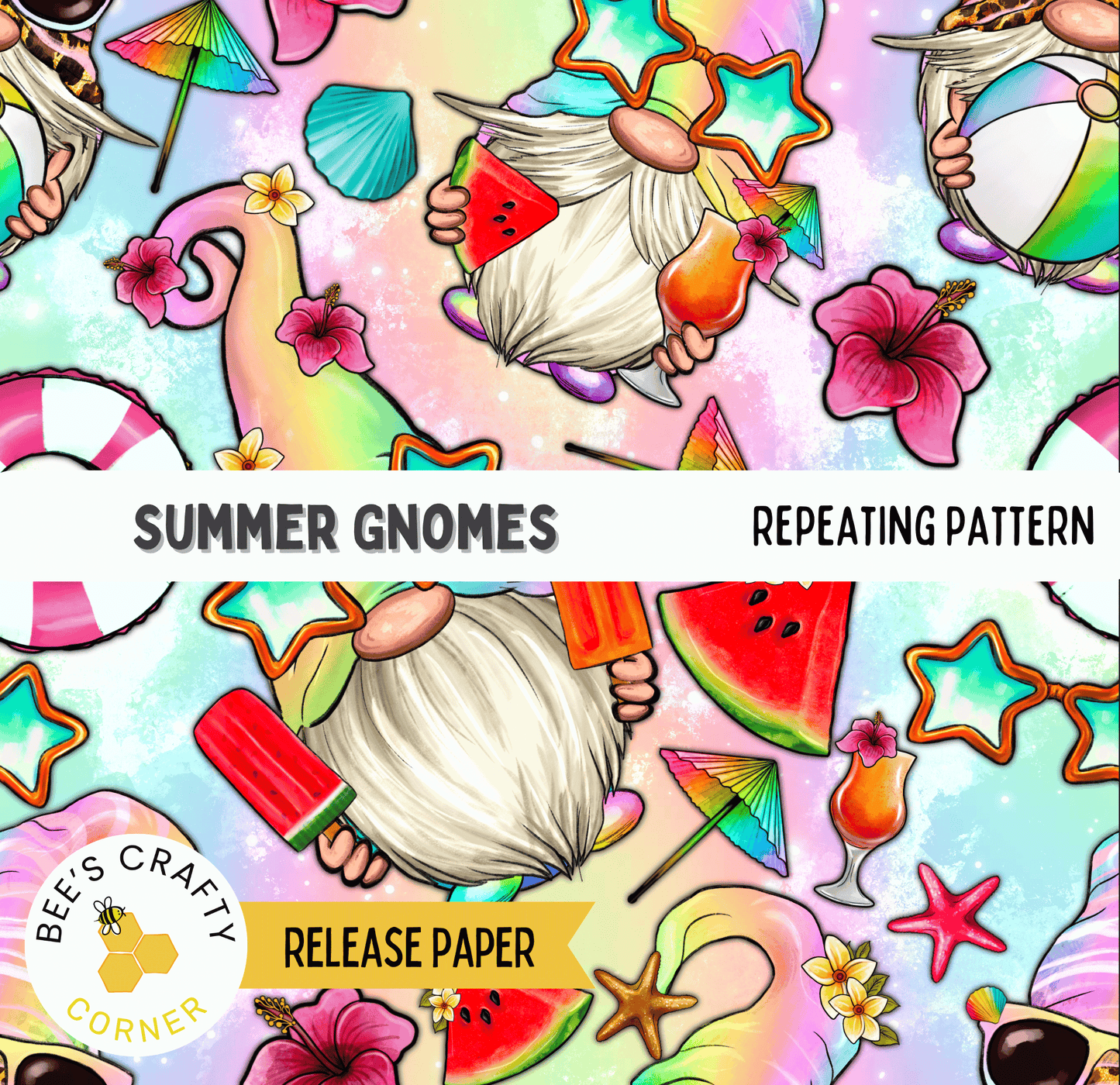 The image is a repeating pattern featuring various summer-themed elements such as gnomes, flowers, fruits, and beach accessories.