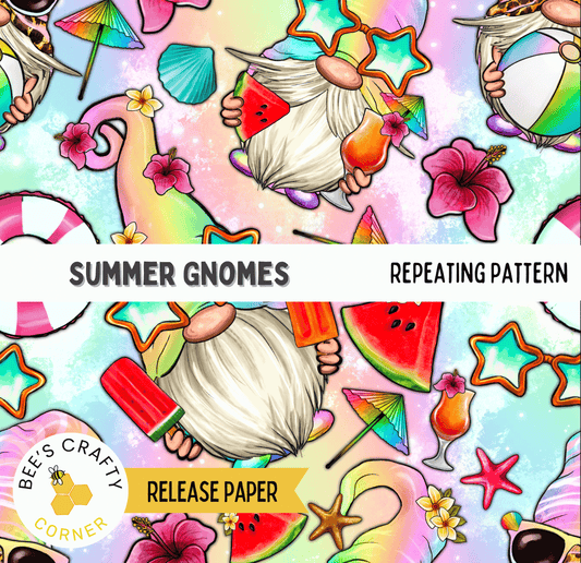 The image is a repeating pattern featuring various summer-themed elements such as gnomes, flowers, fruits, and beach accessories.