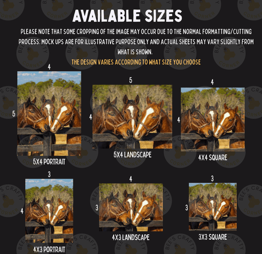 The image is a collage of six images depicting horses in various sizes and arrangements, with the available sizes indicated in the top left corner.