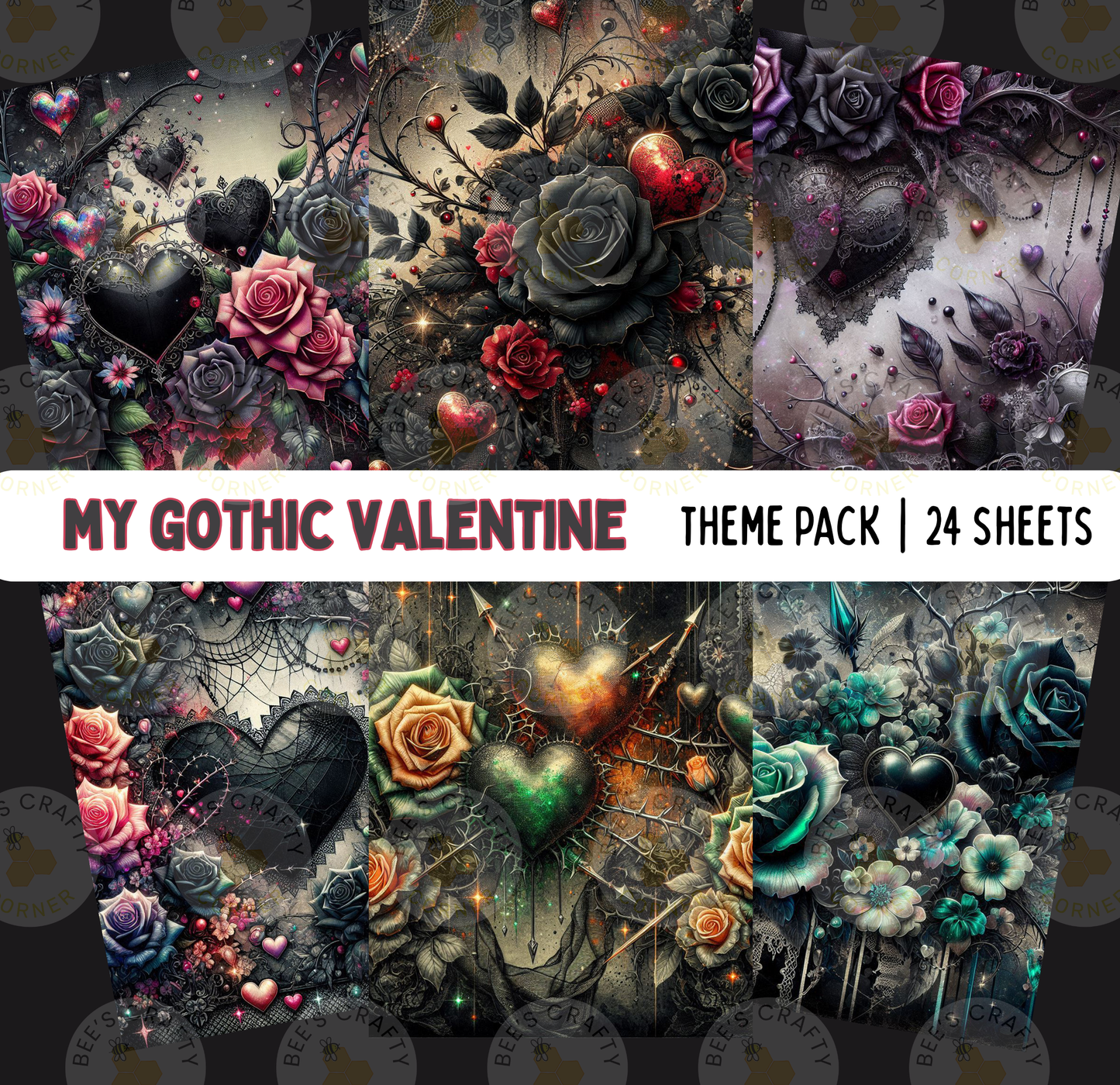 The image is a collage of 24 sheets featuring various Gothic-inspired designs, including floral arrangements, spiderwebs, and hearts. The overall theme appears to be Gothic valentine's day, with a mix of dark and colorful elements.