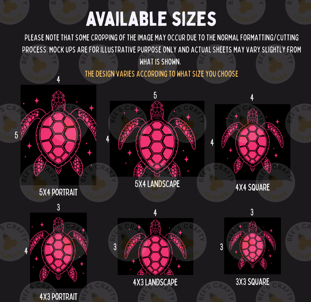a collection of six different sizes of pink turtle designs, each with varying levels of detail and complexity. The sizes range from 5x4 to 5x3, and the turtle designs are shown in different poses and orientations. The image is a collage of multiple images, and the text provides information about the available sizes and the design variations.