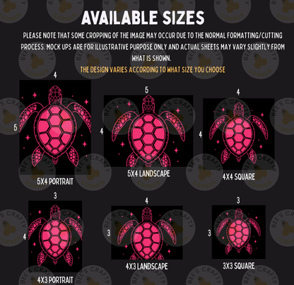 a collection of six different sizes of pink turtle designs, each with varying levels of detail and complexity. The sizes range from 5x4 to 5x3, and the turtle designs are shown in different poses and orientations. The image is a collage of multiple images, and the text provides information about the available sizes and the design variations.