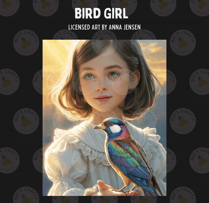 The image is a painting of a young girl holding a colorful bird, with a background of a sunset.