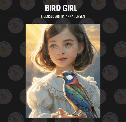 The image is a painting of a young girl holding a colorful bird, with a background of a sunset.