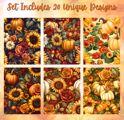 a set of six different autumn-themed designs, featuring a variety of flowers, pumpkins, and leaves in warm colors such as orange, yellow, and red.