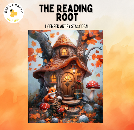 The image is a painting depicting a whimsical, fairy-tale-like house surrounded by autumn leaves, mushrooms, and a fox sitting on a pile of books.