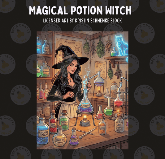 The image is a detailed illustration of a witch in a laboratory setting, surrounded by various bottles and jars containing different chemicals and ingredients.