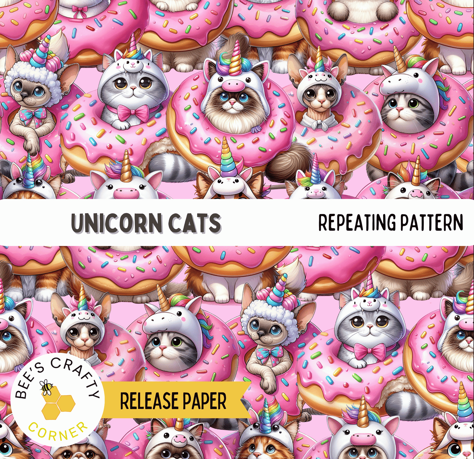 The image is a repeating pattern of unicorn cats wearing hats and sitting on pink donuts with sprinkles.