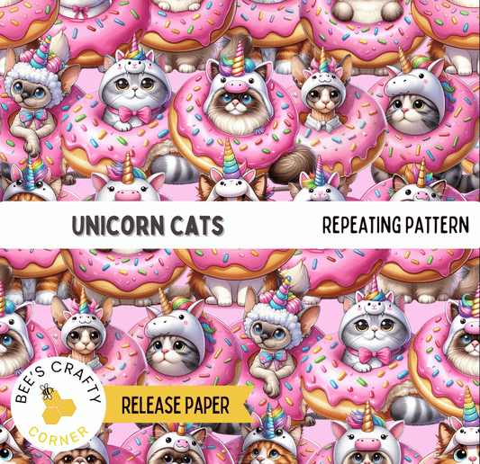 The image is a repeating pattern of unicorn cats wearing hats and sitting on pink donuts with sprinkles.
