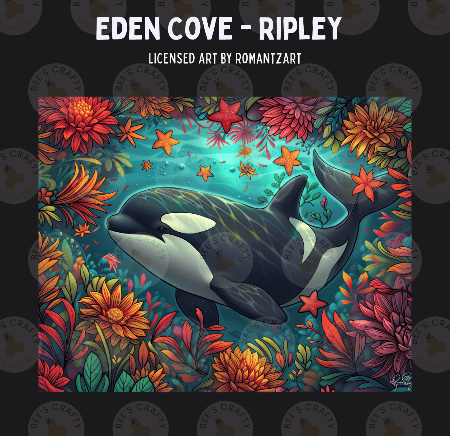The image is a vibrant and colorful illustration of a whale surrounded by a lush underwater scene filled with various marine life, including flowers, plants, and starfish.