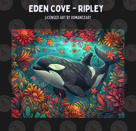 The image is a vibrant and colorful illustration of a whale surrounded by a lush underwater scene filled with various marine life, including flowers, plants, and starfish.